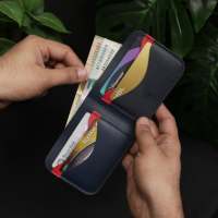 Dompet Kulit Asli Tanpa Lapisan (Full-Grain) Buatan Tangan No.80 Slim Handmade Fair Trade, Jahitan Tangan Gaya Prancis, Model Bifold untuk Pria (Warna Navy)