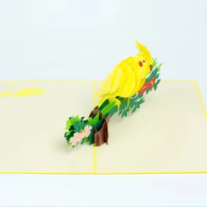 OEM tarjetas de felicitación forma de pájaro con color amarillo Pop-up hecho a mano artesanía animal tarjetas de regalo para las vacaciones