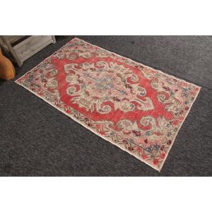 Vintage Eco-Friendly <b>Wool</b> Turkish Rug 4.3x7.3 ft (132x224 Cm) <b>Red</b> Patchwork with Latex Backing - Product Image 4