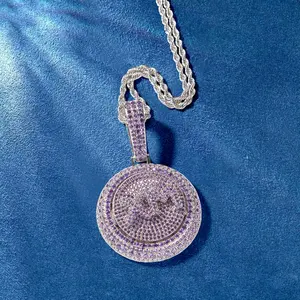 Initiale personnalisée VVS Moissanite médaillon pendentif pavé ensemble de collier de chaîne de rappeur breloque ronde multicolore - Product Image 6