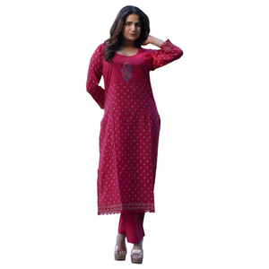 Ensemble coordonné Ruhani Ruby en pur coton imprimé à la main avec motif doré au meilleur prix - Product Image 1