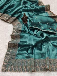 Exquisito Sari de seda Vichitra con borde pesado Zari y trabajo de piedra emparejado con blusa a juego-Elegancia redefinida para adultos - Product Image 3