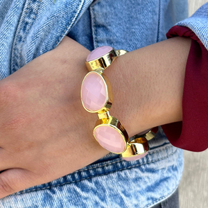กำไลข้อมืออัญมณีสีชมพูคาลซิโดนีหรูหรากำไลข้อมือชุบทอง18K สำหรับผู้หญิงดีไซน์ใหม่ - Product Image 5