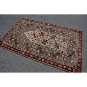 Vintage Turkish <b>Wool</b> Area Rug <b>Red</b> & Beige 4'1 X 6'4 ft Large Rectangle Abstract Patchwork Pattern 10mm Thickness Latex Backed" - Product Image 2