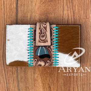 Western Patterned Cowhide Leather Hand Tooled Carving Clutch <b>Phone</b> Case Luxury Designer Wallet Multi Uses Designer Bifold Wallet - Product Image 1