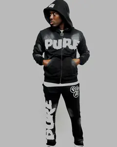 Sudadera con capucha y estampado desgastado personalizado, conjuntos de pantalones de chándal acampanados, ropa de calle de algodón, chándales de lavado ácido de gran tamaño para hombres, chándal de verano - Product Image 3