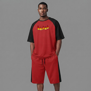 Ensemble de vêtements d'extérieur pour hommes 100 % coton personnalisé, respirant, séchage rapide, avec logo imprimé DTF personnalisé, t-shirt à col rond coupe ample et short - Product Image 1