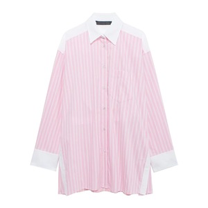 2025เสื้อเบลาส์แขนยาวผ้าฝ้ายลายทางสีชมพูสำหรับผู้หญิงเสื้อกล้ามลำลอง - Product Image 1