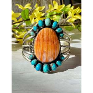 Paul Livingston's Fashion <b>Cuff</b> <b>Bracelet</b> Spiny Oyster & Kingman Turquoise Set in Sterling <b>Silver</b> - Product Image 1