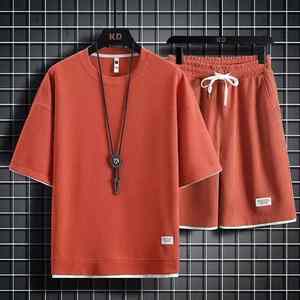 Conjunto Deportivo Casual de Verano para Hombre, Transpirable, de Media Manga, 100% Algodón, Camiseta Holgada y Pantalones Cortos, 2 Piezas - Product Image 2