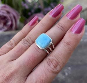 Handmade Women's 925 Sterling Silver Classic <b>Wedding</b> Proposal Engagement <b>Ring</b> Natural Larimar Gemstone Oval Cut Bezel Setting - Product Image 5