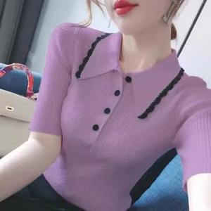 Camiseta de manga corta de verano 2024 para mujer, Jersey ajustado de Color sólido con botones y cuello Polo empalmado, camiseta interior de punto transpirable, Tops - Product Image 5