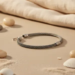 925 <b>Silver</b> Braided Chain <b>Bracelet</b> for <b>Men</b> & Women Vintage Ethnic Religious Style Rhodium Plated with Pearl for Daily Wear & Gift - Product Image 1