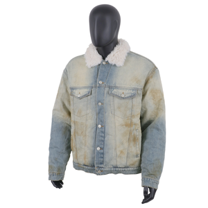 TOPSHOW Designer Custom Heavyweight Cotton Fur Collar Acid Washed <b>Vintage</b> Crop Denim <b>Jacket</b> for Men - Product Image 1