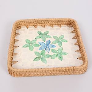 Plateau de service rectangulaire en nacre écologique avec incrustation florale bleue en rotin, commande en gros pour la décoration de la table de cuisine et de salle à manger - Product Image 4