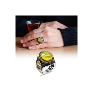 Anello da uomo in argento Sterling 925 a goccia naturale ambra con dettaglio del sole sui lati - Product Image 1