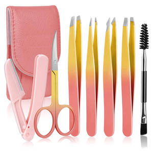 Ensemble de 7 pinces à épiler en acier inoxydable pour femmes, poils du visage / Ciseaux courbés de précision bicolores pour sourcils, rasoir à sourcils pour poils incarnés - Product Image 1