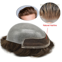 Rambut palsu berbahan dasar kulit PU poli lembut tampak alami untuk pria botak: 8x10 Cokelat Tua 100% Pengganti Rambut Asli Manusia