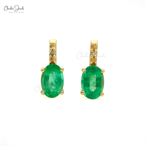 Recién llegado, joyería 2025, pendientes acentuados de diamantes Esmeralda reales, pendientes de piedra de nacimiento de Mayo de corte ovalado de 6x4mm en oro amarillo sólido de 14K - Product Image 6