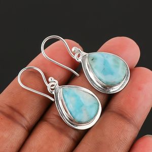 Pendientes colgantes bohemios de moda para mujer, Plata de Ley 925 fina, 10x14mm, piedra preciosa de Larimar Natural, forma de pera hecha a mano para regalo - Product Image 1