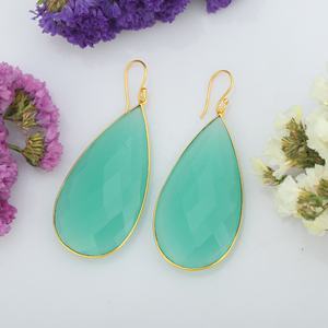 Pendientes colgantes chapados en oro de 18 quilates hechos a mano, calcedonia Aqua, ajuste de bisel, joyería de moda elegante, regalos para fiestas, Plata de Ley 925 - Product Image 3