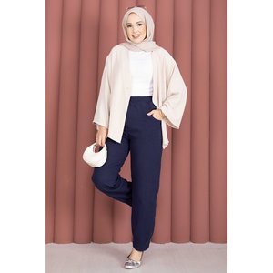 Women's Navy Blue Oxford Muslin <b>Trousers</b> Casual Straight-Leg with <b>Elastic</b> <b>Waist</b> Breathable and Wrinkled XL Size with Pockets - Product Image 1