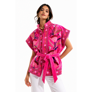 Velvet Embroidered Jacket in Pink-Soft Outerwear Floral Pattern Windbreaker Style <b>Wool</b> Lining for Spring Summer Autumn Winter - Product Image 1