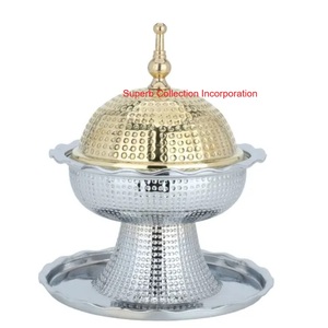 Tazón de fecha de Latón chapado en oro hecho a mano con tapa y bandeja Plato de servir de metal de estilo árabe tradicional adornado para nueces de caramelo - Product Image 4