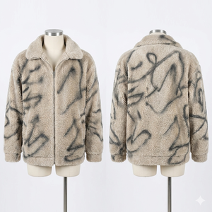 Veste de travail en polaire Teddy Sherpa Premium 450 GSM, crème avec bordure marine, logo personnalisé, fermeture éclair intégrale, hiver, randonnée, camping - Product Image 5