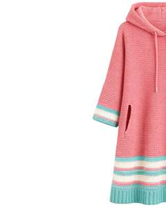 Womens Pink Knitted <b>Hoodie</b> Dress With <b>White</b> Aqua Stripe Pattern Long Length Winter Warm Casual Oversized Sweater Pullover Fit - Product Image 4