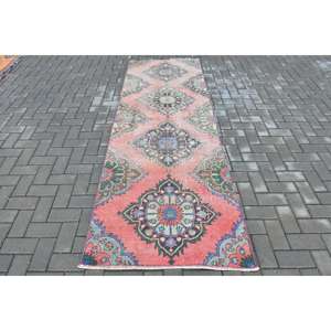 3.1x9.1 ft Vintage <b>Runner</b> Rug, <b>Red</b> Blue Turkish Ombr Wool Rug - Product Image 1