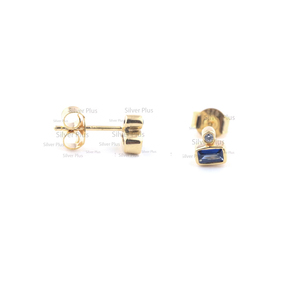 Minimalista Tiny Studs Pendientes Natural Baguette Azul Zafiro Piedra preciosa Diamante Sólido 14K Oro amarillo Hecho a mano Boda/Fiesta - Product Image 1