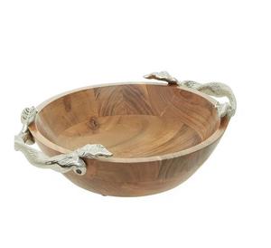 Bol de service en bois avec poignées en feuille de métal Décoration de table pour la maison et le restaurant Fruits et salade - Product Image 1