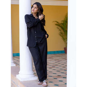 Conjunto de 2 Piezas para Mujer, Estilo Oxford Negro, Manga Larga, Corte Holgado, Casual, Primavera-Verano, Top y Pantalones, Color Sólido, Cuello Camisero, 100% Algodón - Product Image 3
