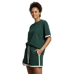 Conjunto de 2 piezas de camiseta oversize y pantalón corto para mujer, 100% algodón, hecho a medida, con logo de encaje serigrafiado, 180 g/m², color liso, estilo High Street hasta la rodilla. - Product Image 2
