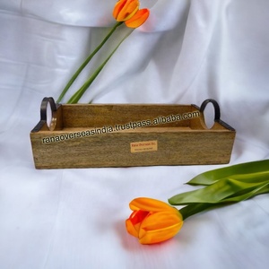 Bandeja de servicio de madera de gran oferta de calidad superior, juego de una pieza de forma rectangular con asas de metal para café, desayuno, cena - Product Image 6