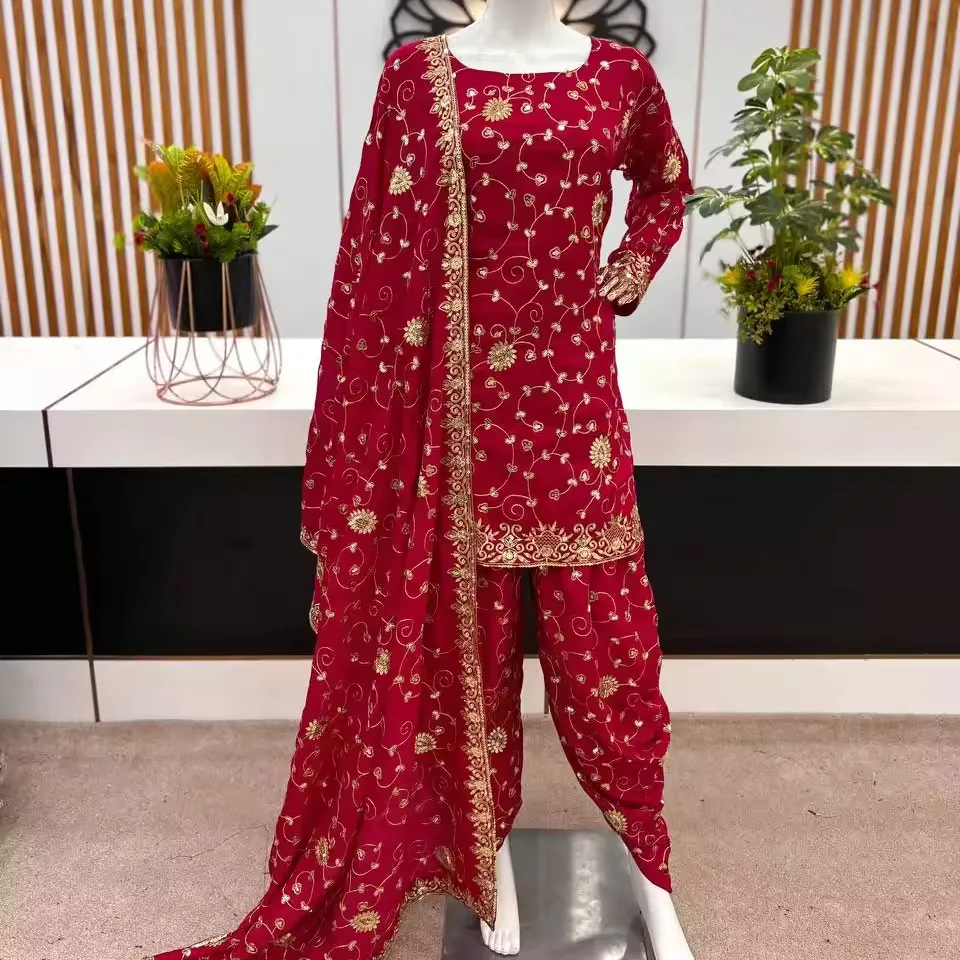 פולפרי בד פו ג'ורג'ט רקמה כבדה טופ סלוואר קמייז בסגנון פקיסטני עם דופטה לבגדי מסיבות לנשים