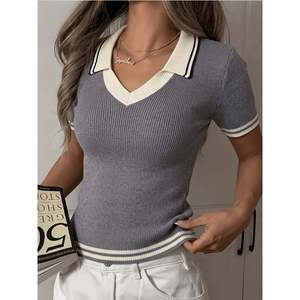 Women's Gray Colorblock Short Sleeve Preppy Style 100% <b>Acrylic</b> for Shirt - Product Image 4