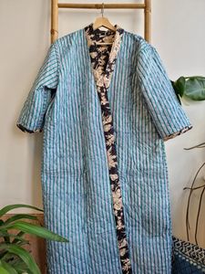 Matelassé pur coton réversible mi-longueur unisexe toute saison Dressing Kimono Robe Boho Blockprint Monochrome noir Beige Oriental - Product Image 5