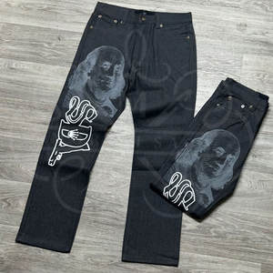 Pantalones de cintura alta ajustados con borlas hasta el tobillo microacampanados, pantalones vaqueros de nueva moda para hombres, diamantes de imitación estampados de industria pesada sublimados - Product Image 6