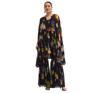 Haut court en georgette imprimé noir Sharara avec Dupatta pour fête de mariage tenue d'été indienne festive - Product Image 3