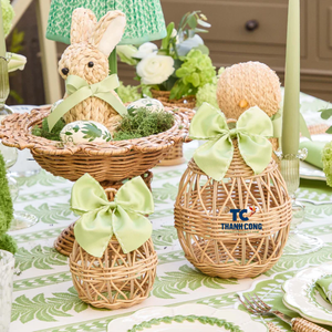 Décoration d'oeufs en rotin à bas prix pour les vacances de Pâques Oeuf tissé en rotin avec nœuds de selle verts - Product Image 4
