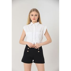 Shorts Negros para Mujer Topshow, 100% Poliéster, con Botones Decorativos - Paquete al por Mayor Disponible para Minoristas - Product Image 1
