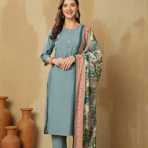 Mujeres étnicas Regular Pure Silk Kurta con pantalones y con Dupatta indio Pakistán traje Salwar kameez traje - Product Image 1
