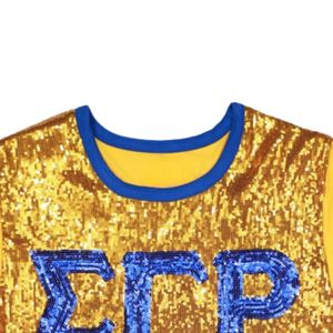 Camiseta de lentejuelas Sigma Gamma Rho SGRho, camiseta de moda de vida griega bordada con letras griegas azules doradas y brillantes - Product Image 4