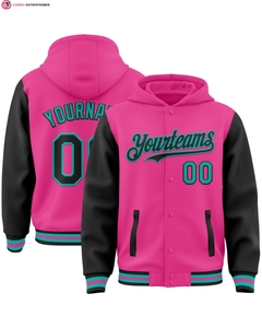 Veste à capuche bicolore de haute qualité noir rose-blanc Full-Snap Varsity Letterman 100% coton broderie placement avant - Product Image 2