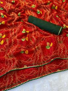 ผ้าซารีผู้หญิงเนื้อจอร์เจตต์แท้ พร้อมขอบลูกไม้กอตต้าลายฉลุทั่วทั้งผืน ผลิตในอินเดีย - Product Image 3