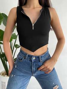 เสื้อกั๊กครอปถักสำหรับเด็กผู้หญิงเสื้อครอปถักซิปรูดซิปแขนกุดครึ่งแขนเสื้อครอปยาวสั้น2024 - Product Image 5