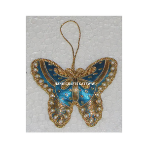Hermosa clase alta Color dorado y azul con cuentas Zari bordado mariposa forma adorno de Navidad accesorios para decoración - Product Image 1