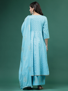 Conjunto de Kurta, Palazzo y Dupatta para Mujer, Color Azul Turquesa, Bordado Floral, Algodón, Corte en A, Lavable a Máquina, Traje de Boda para Ramadán - Product Image 3